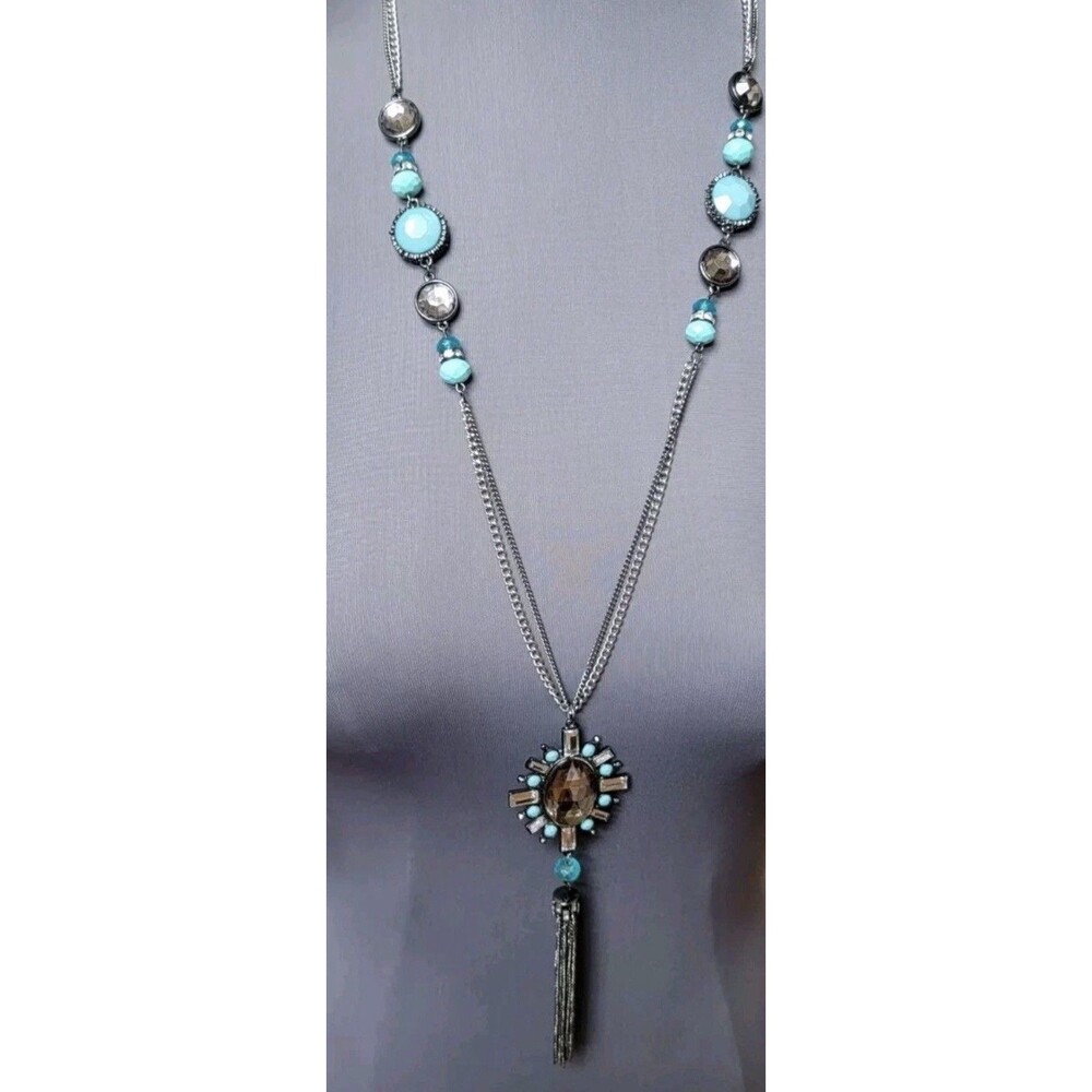 Simply Vera Wang Turquoise Color Beads Smoky Crystal Tassel Statement Necklace